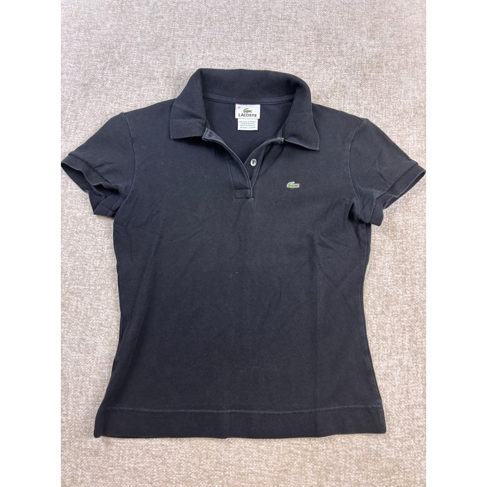Lacoste Womens Black Short Sleeve Pique Polo Logo Made in France Size 40 XS